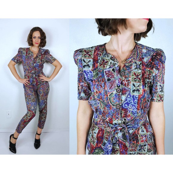 vintage 90s bold ABSTRACT PRINT Puff Sleeve JUMPSUIT xs/s rayon skinny legs boho - Picture 1 of 10